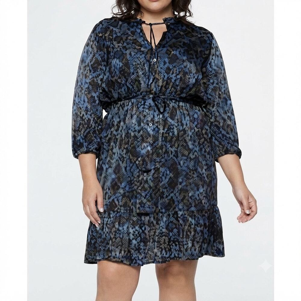 BLACK TAPE_ | Blue Black Snakeskin Print Midi Dress Ruffle Tie Belt | Medium